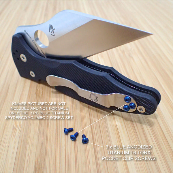 Spyderco Yojimbo 2 Custom Titanium BLUE 3pc Pocket Clip Screw Set - NO KNIFE