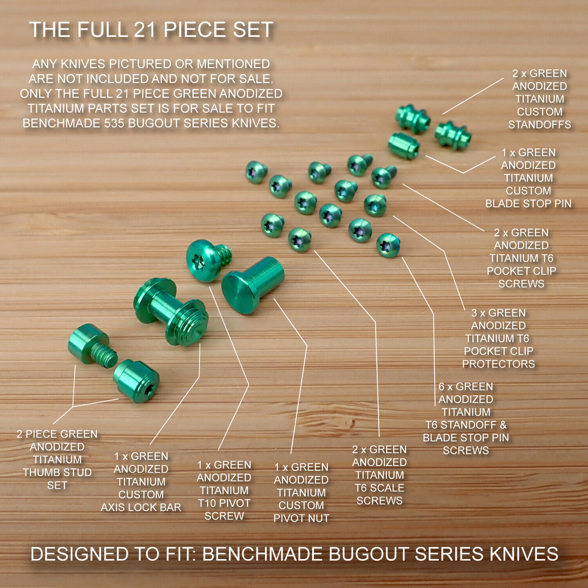 Benchmade 535 BUGOUT 21pc GREEN Titanium Screw Set, Pivot