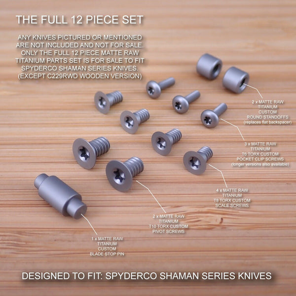 Spyderco Shaman Full 12pc Custom Titanium Screw, Pin, Standoffs Set - MATTE RAW