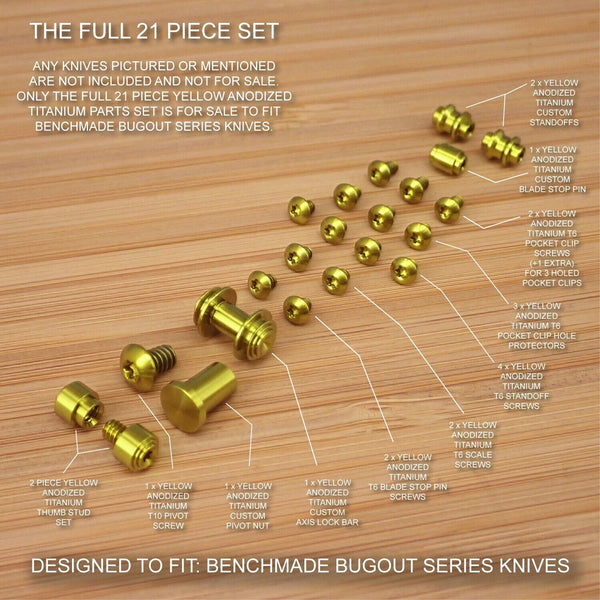 Benchmade 535 BUGOUT 21pc YELLOW Titanium Screw Set, Pivot, Standoff, Pin, TStud